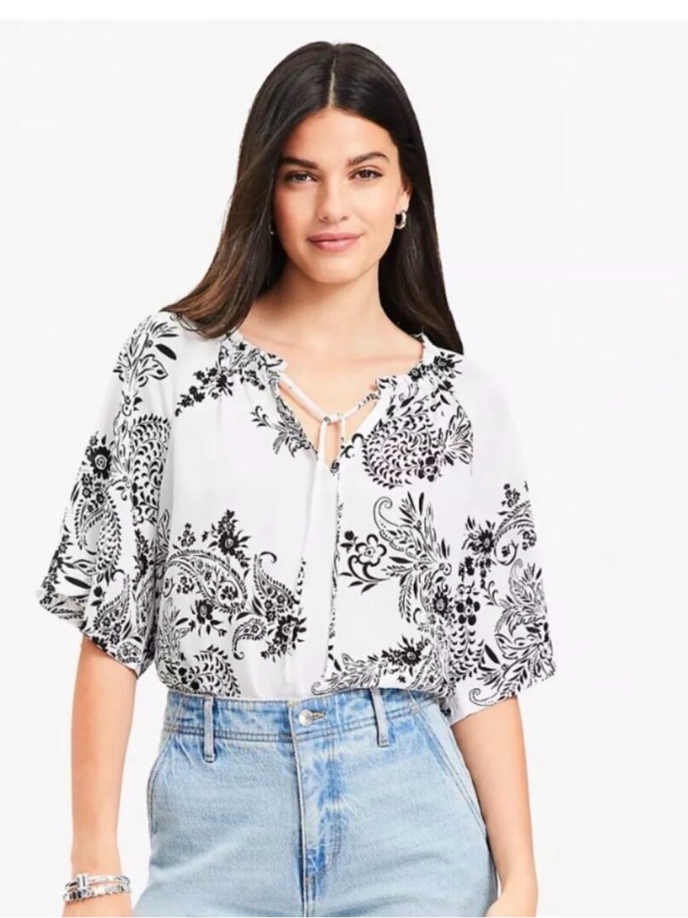 LOFT Mixed Media Floral Tie-Front Blouse